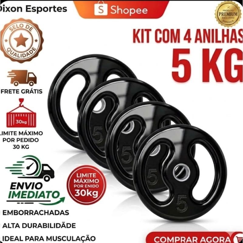 kit 4 Anilhas 5kg Emborrachadas (Total 20kg) Academia Fitness Pronta Entrega Envio Imediato