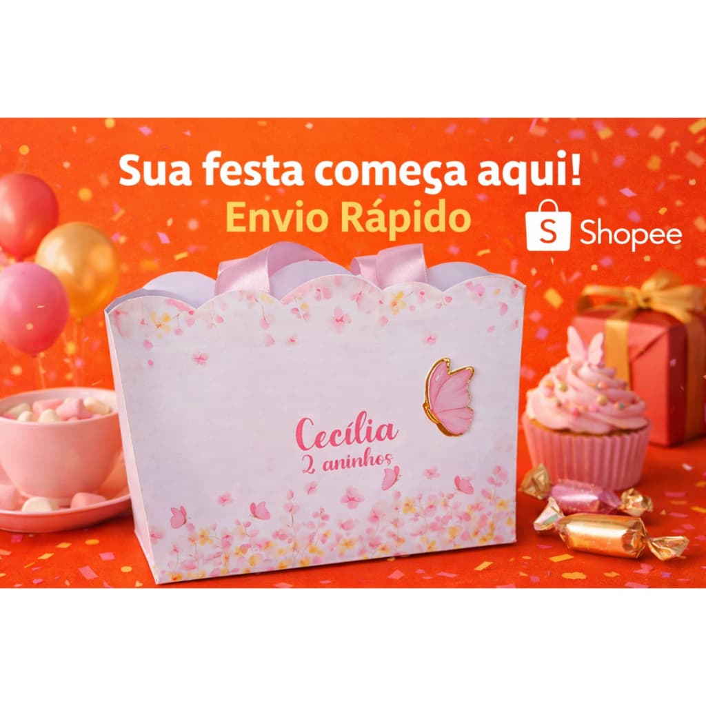 Sacola surpresa personalizada, Sacola Lembrancinha personalizada borboletas de papel off7 180g