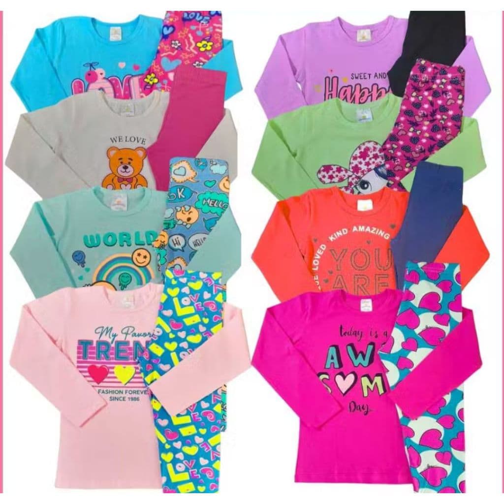 KIT MENINA INFANTIL INVERNO MEIA ESTAÇÃO 8 PEÇAS, 4 BLUSAS MANGA LONGA E 4 CALÇAS LEGGING