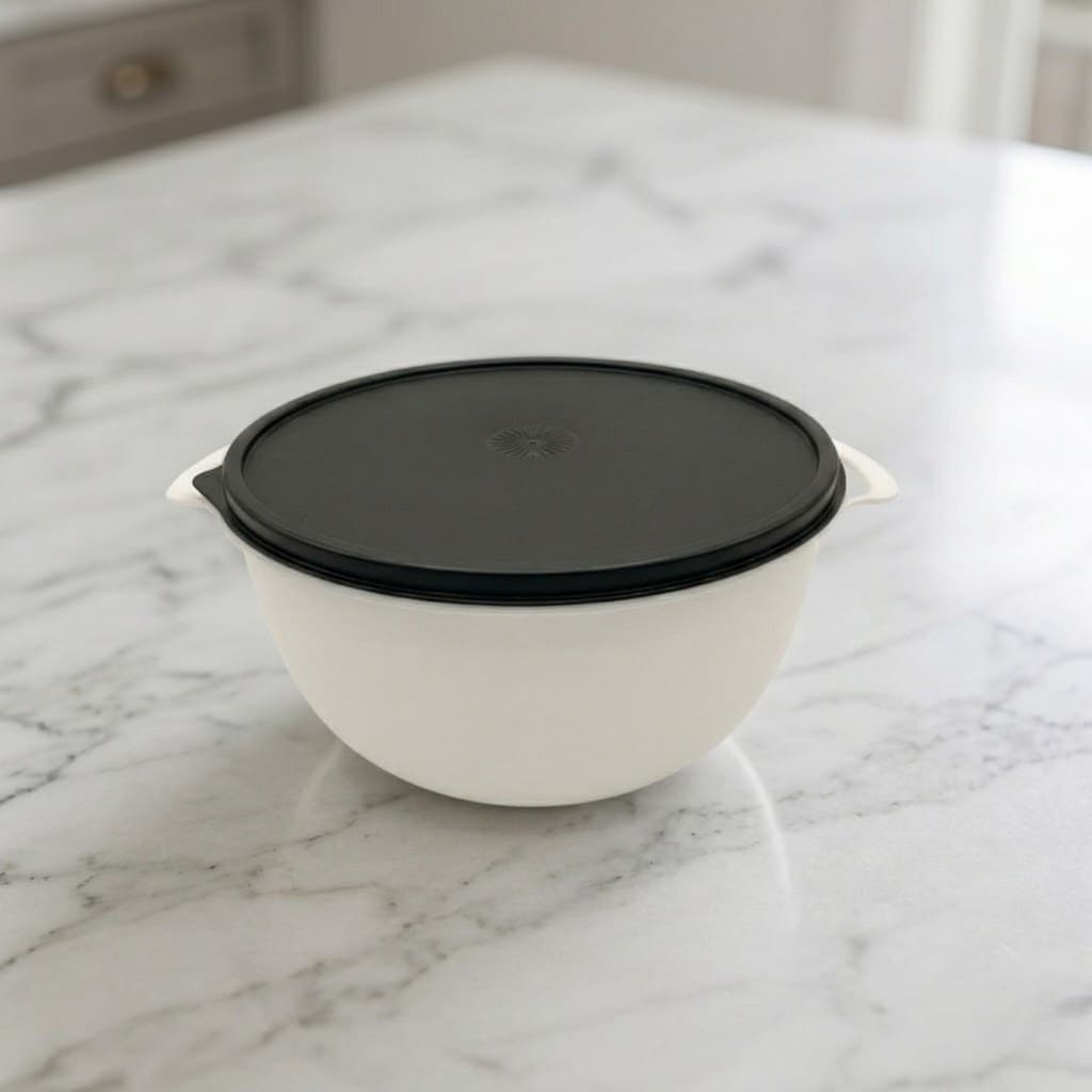 Tigela Bowl Plástico 1L Branco Com Tampa Preta Saladeira Pote