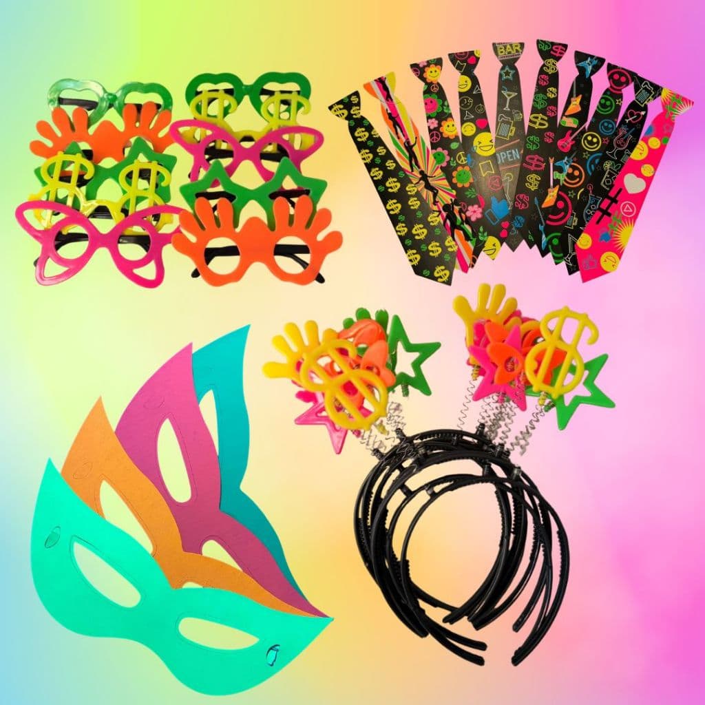 Kit 50 peças Balada Neon 20 Mascaras 10 Óculos 10 Tiaras 10 Gravatas Festa Aniversario Casamento