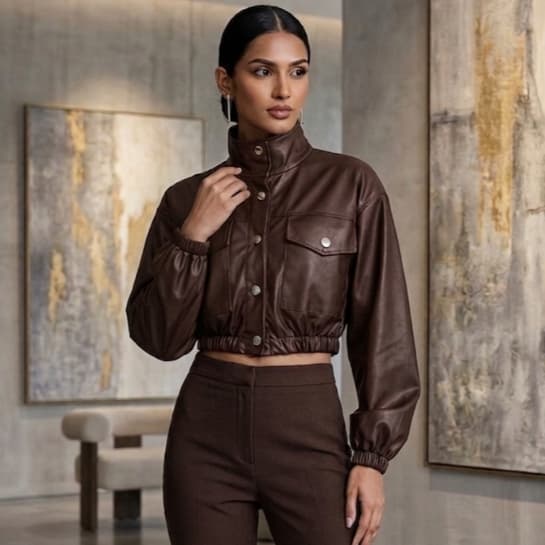 Jaqueta Feminina Cropped Gola Alta Couro Fake  Botões Moda Inverno Estilosa