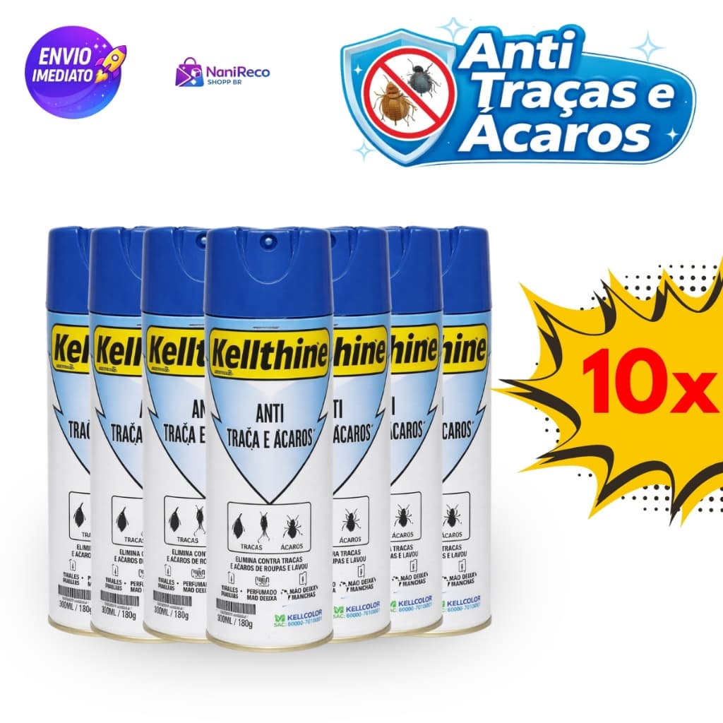 Kit com 10 Anti Traças e Ácaros Spray 300ml – Elimina Traças e Ácaros de Roupas, Tecidos e Armários