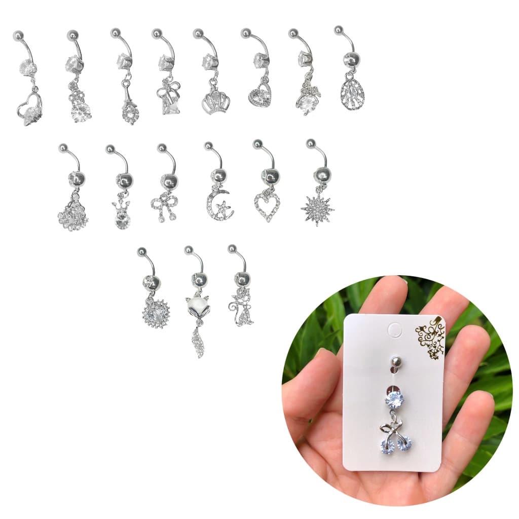 Kit 6 Piercing De Umbigo Com Pingente Em Aço Metal Pedras Strass Modelos Sortidos