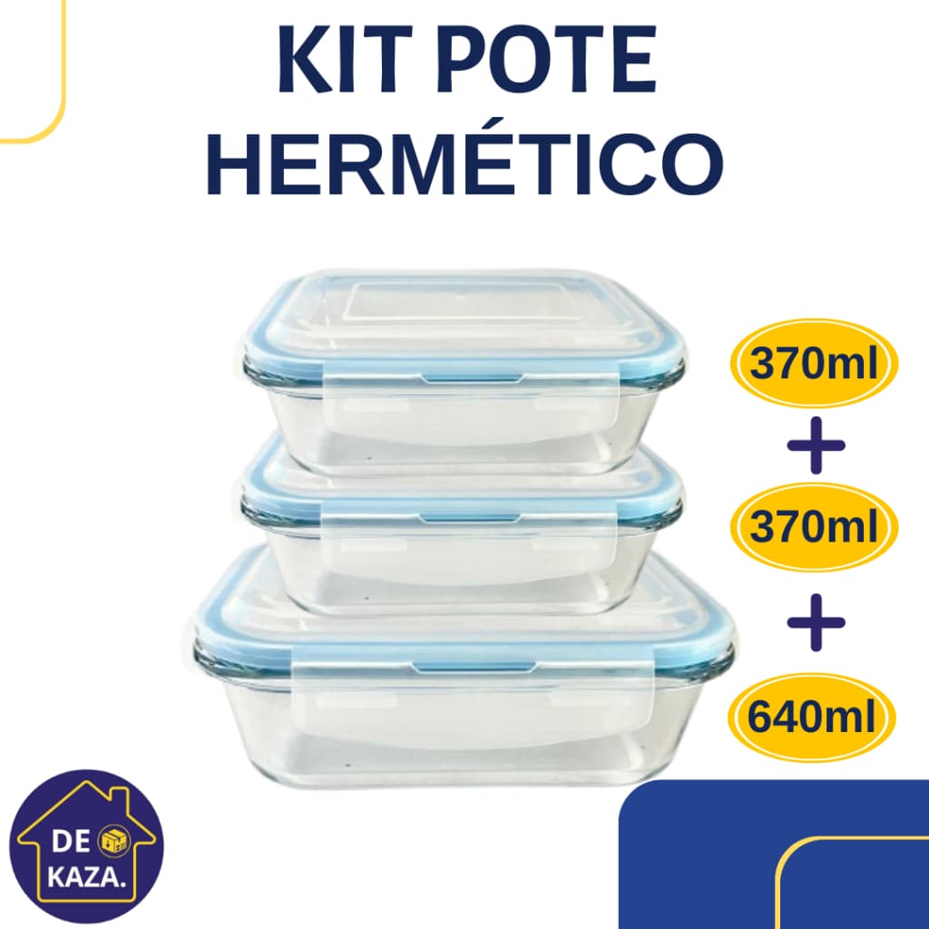 Kit 2 Potes Herméticos 370ml + 1 Pote Hermético 640ml Vidro