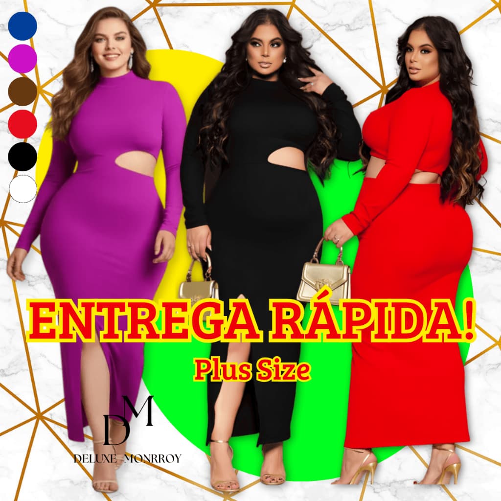 Vestido Plus Size Com Fenda Perna Vazado Chega Hoje ⚡📦 Modelador Midi Aberto Gola Alta GG G1 48 54