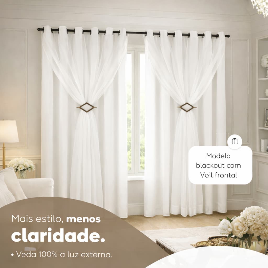 Cortina Corta Luz 3,00M x 2,50M 100% Blackout PVC Com Voil Liso E Fivelas