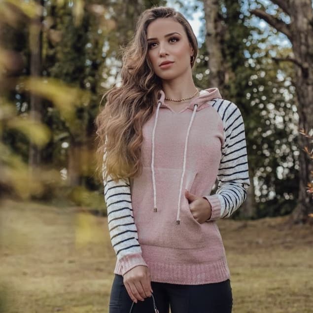 Blusa Feminina Com Capuz Em Tricot Com Mangas Listradas Tendência Tricot Premium Suéter Feminino