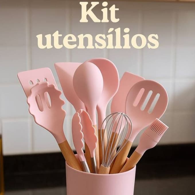 Conjunto de Utensilios Silicone 8 Peças - Rosa-Premium-Antiaderente-Domestico-Espatula-Colher-Kit