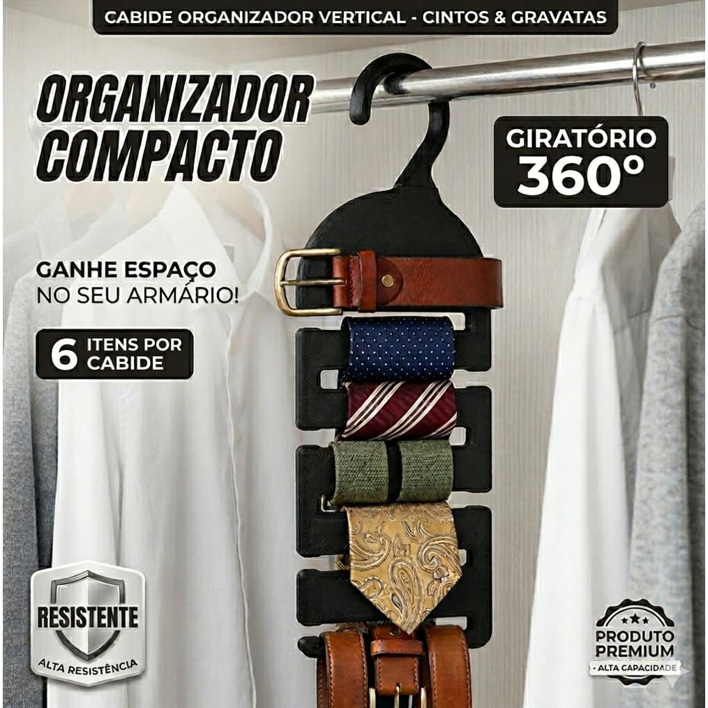 Cabide Organizador De Cintos E Gravatas Giratório 360 Graus Compacto E Resistente - 6 Lugares