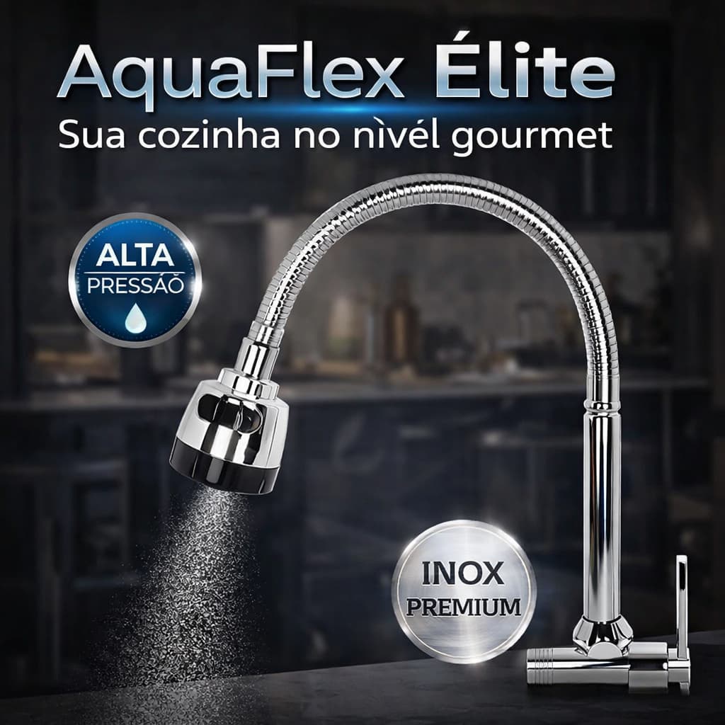 Torneira Gourmet Flexível Inox AquaFlex Élite Alta Pressão Cozinha Parede com Ducha Extensível 360°