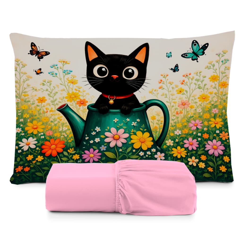 JOGO DE LENÇOL SOLTEIRO INFANTIL GATINHO JARDIM BORBOLETO  LENÇOL COM ELASTICO