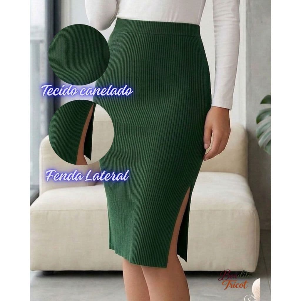 Saia Feminina Lisa Tricot Básica Canelado Fenda Lateral Tricô Moda Primavera/Verão