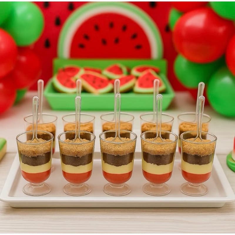 Kit 50 Mini Tacinha 30ml Colher Acrílico Festa Aniversário Sobremesa Doce Brigadeiro