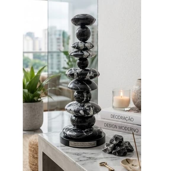 Escultura Premium Equilíbrio Imperial em Basalto Preto e Branco