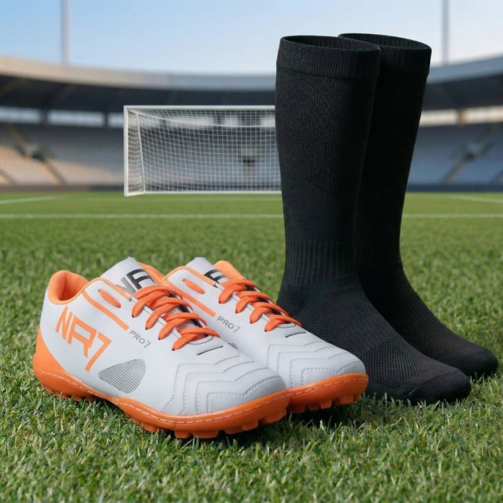 Kit Chuteira De Futebol Society Costurada Grama Sintetica Acompanha Meiao Esportivo