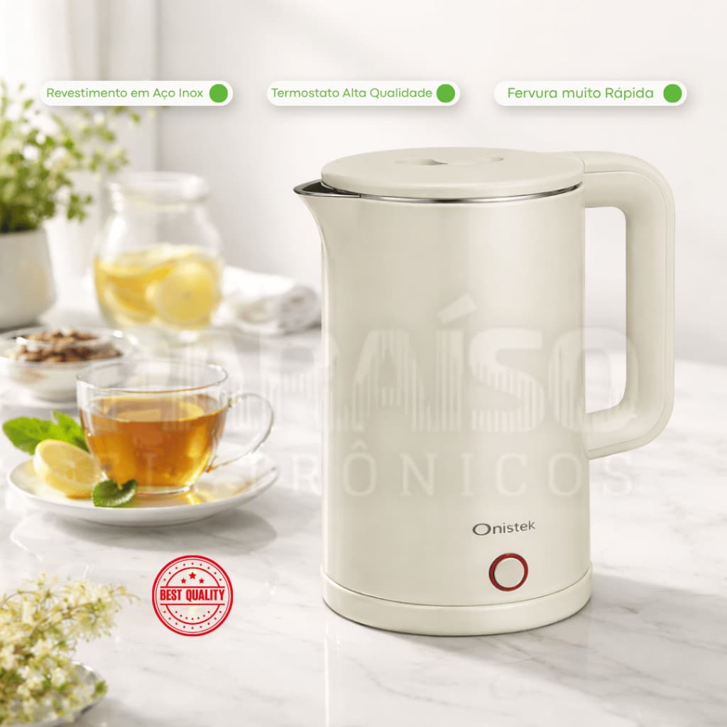 Chaleira Elétrica 1500W 1,6L Moderna Onistek Revestimento em Aço Ideal para Chá Café Fervura Rápida