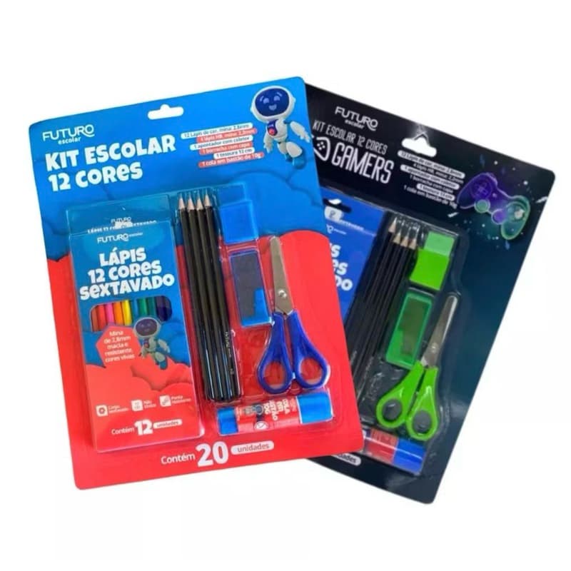 Kit Material Escolar Completo Volta as aulas, Lápis 12 Cores, Lapis Grafite, Tesoura, Cola Bastão