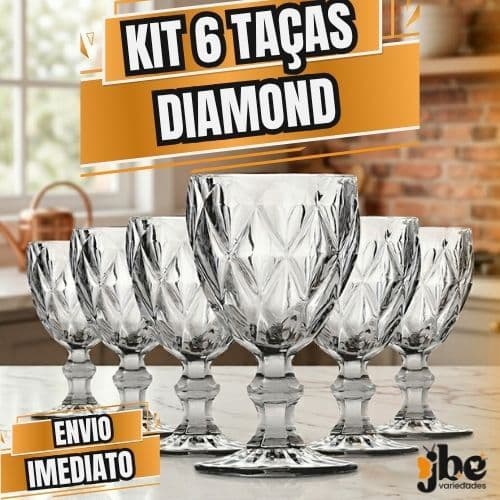 Kit 6 Taças Diamante Diamond Vidro Transparente Resistente Gourmet Para Bebidas e Sobremesa 340ml