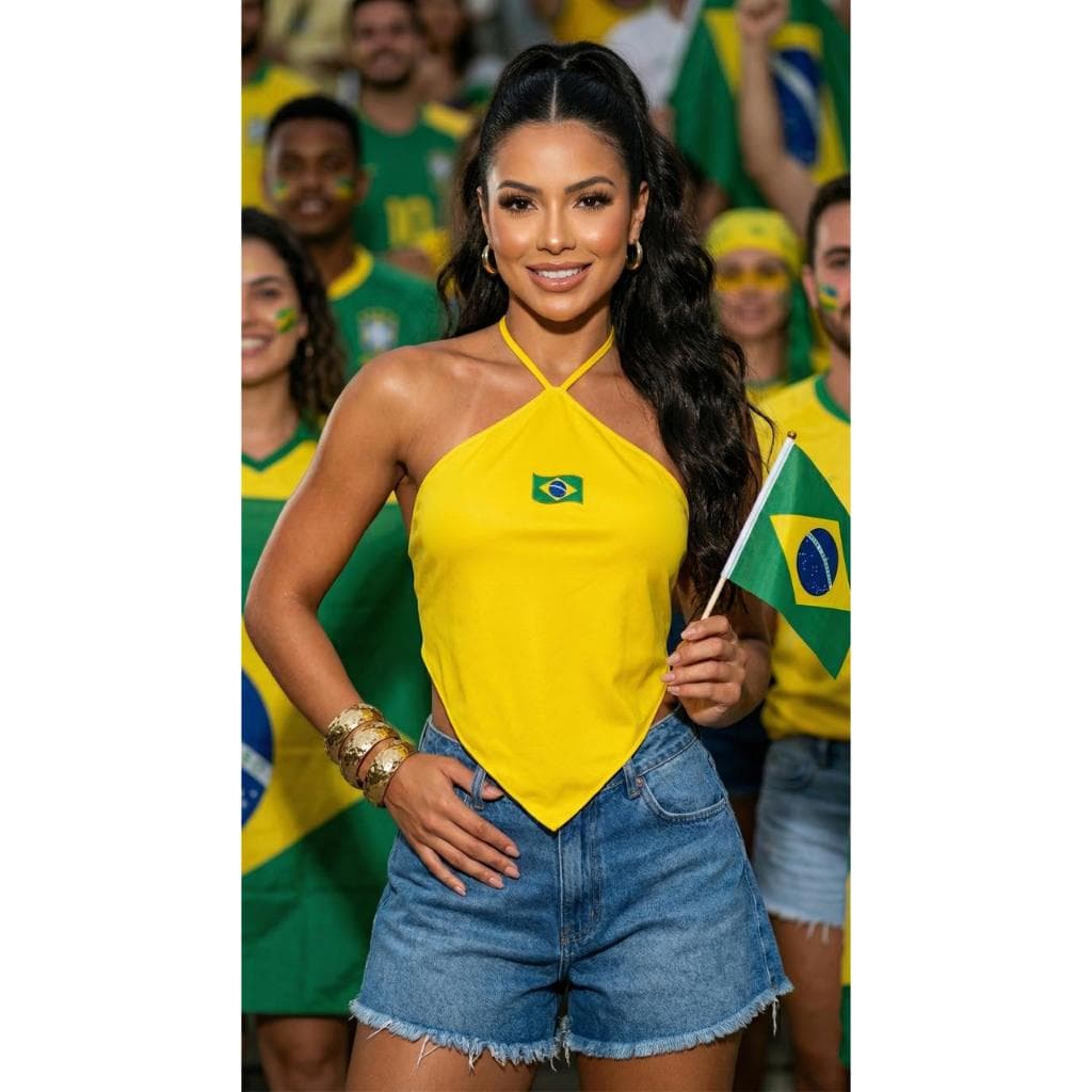 Blusa Brasil Cropped Top Feminino Frente Única Brasileirinha Bandeira Amarração - Logo Brasil - Moda Praia Verão