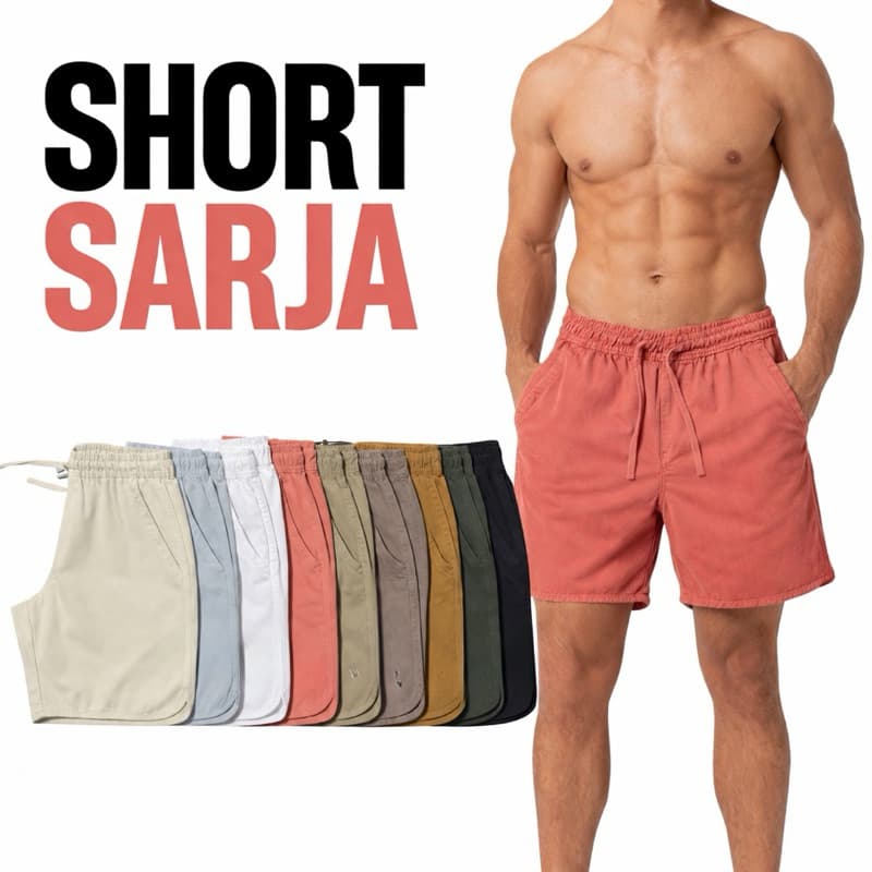 Short Sarja Viés Masculino - Tridente Bordado - Produto Super Premium com Bolso Imbutido - Envio Imediato