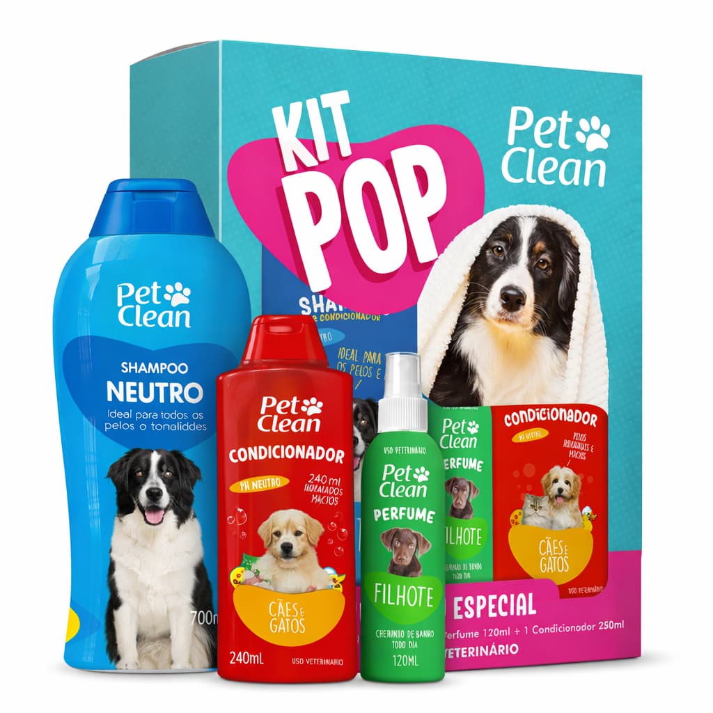 KIT Shampoo Condicionador e Perfume para Cães e Gatos Pet Clean Pop Limpa Hidrata Perfuma