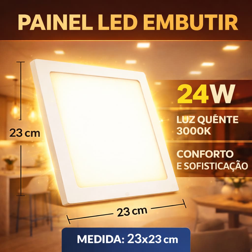 Painel Plafon Led Embutir 18w Quadrado Branco Quente 23x23 cm
