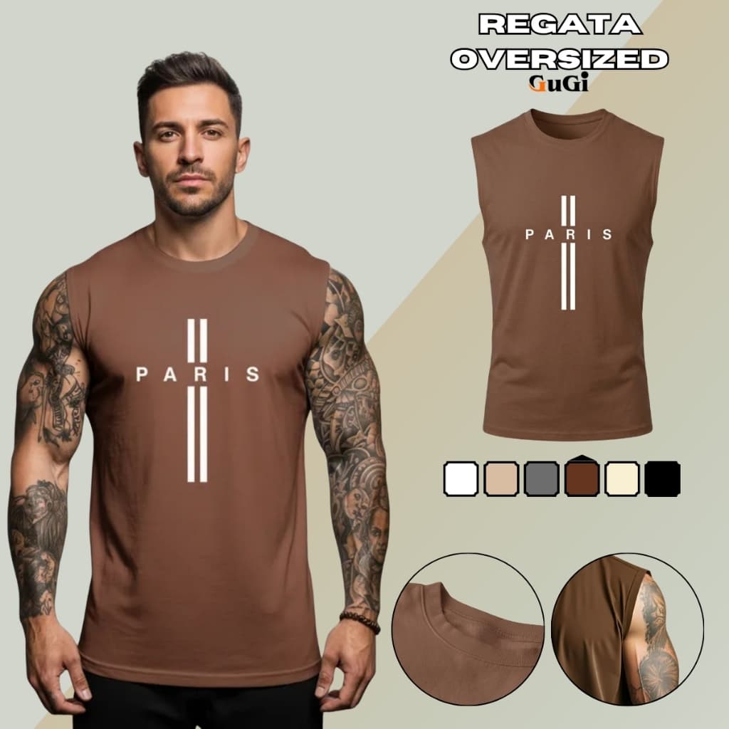 Regata Masculina Machão Muscle Estampa Paris Linhas GuGi 100% Algodão Camiseta Cavada Casual Premium