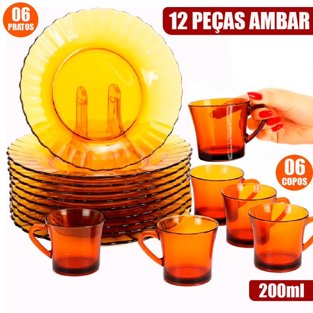 Jogo 12 peças pratos e xicaras sendo : 06 Prato fundo solar âmbar e  06 Xícaras Âmbar 200ml  âmbar