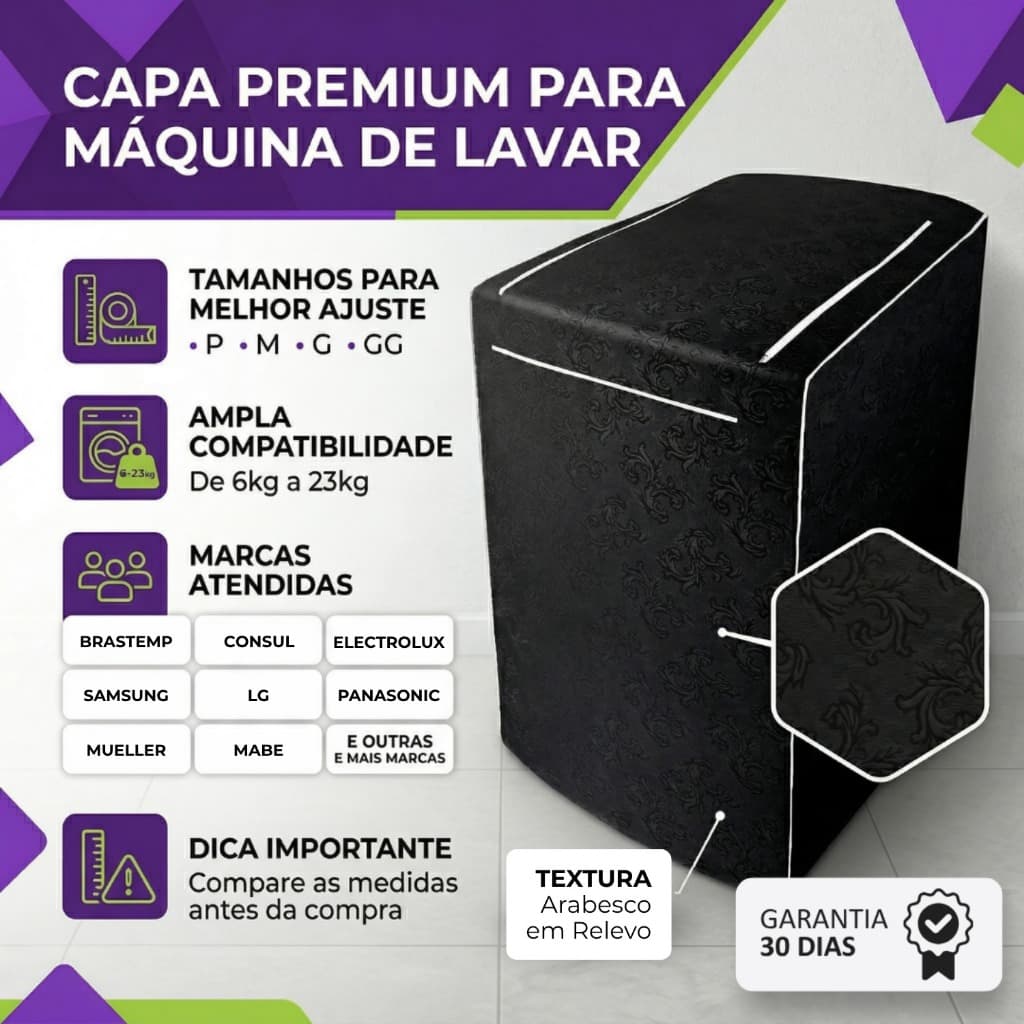 Capa para Maquina de Lavar com Ziper 10, 11, 12, 13, 14, 15, 16, 17, 18kg Electrolux Brastemp Consul