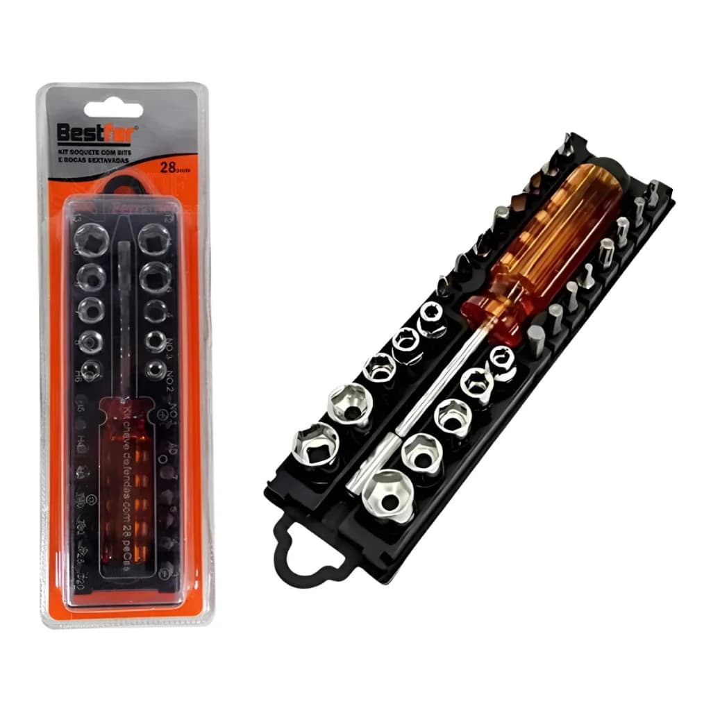 Kit Soquete 28 Peças Bits Sextavado 1/4 Jogo Completo com Estojo Profissional