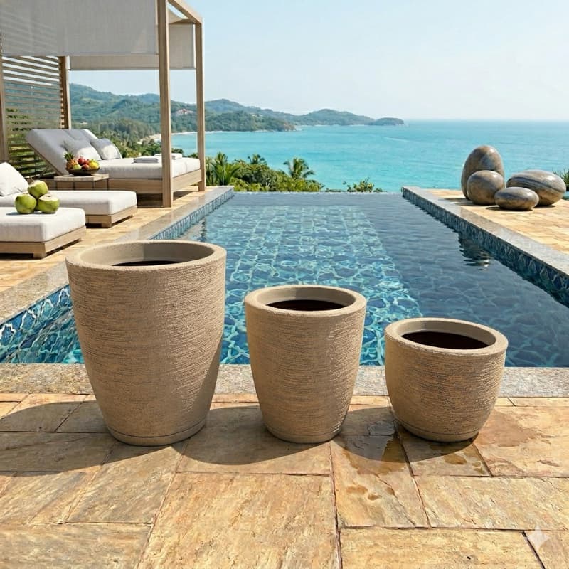 Kit 3 vasos Para Plantas Decorativo em Polietileno Cone Bojo Texturizado N1 N2 N3 com Prato