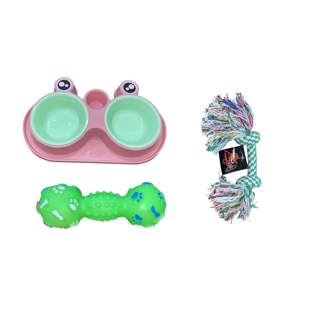 Kit Pet Comedouro Duplo + Brinquedo Mordedor + Corda Interativa Cachorro MS PET