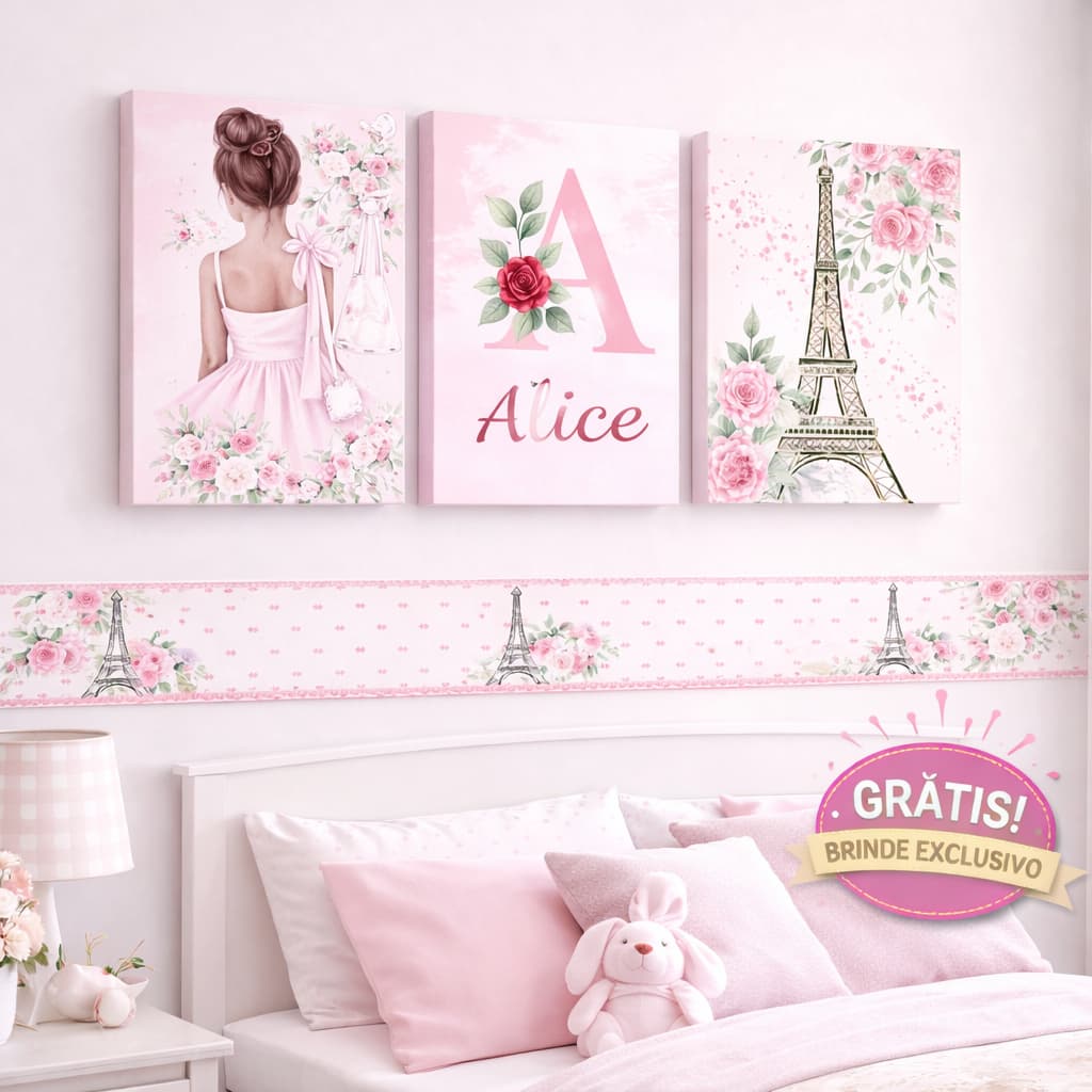 Quadros Decorativos Nome Personalizado Infantil Feminino Bailarina Paris 3 Peças