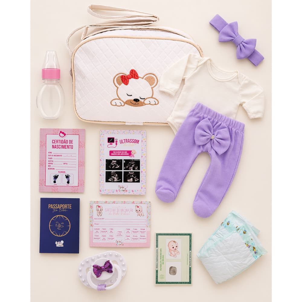 Kit Enxoval Boneca Bebê Reborn com Roupinhas, Bolsa e Documentos