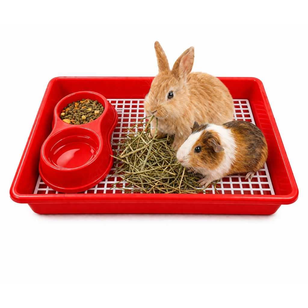 BANDEJA SANITÁRIO ESPAÇOSA PARA PORQUINHO DA ÍNDIA E COELHO COM GRADE + COMEDOURO DUPLO