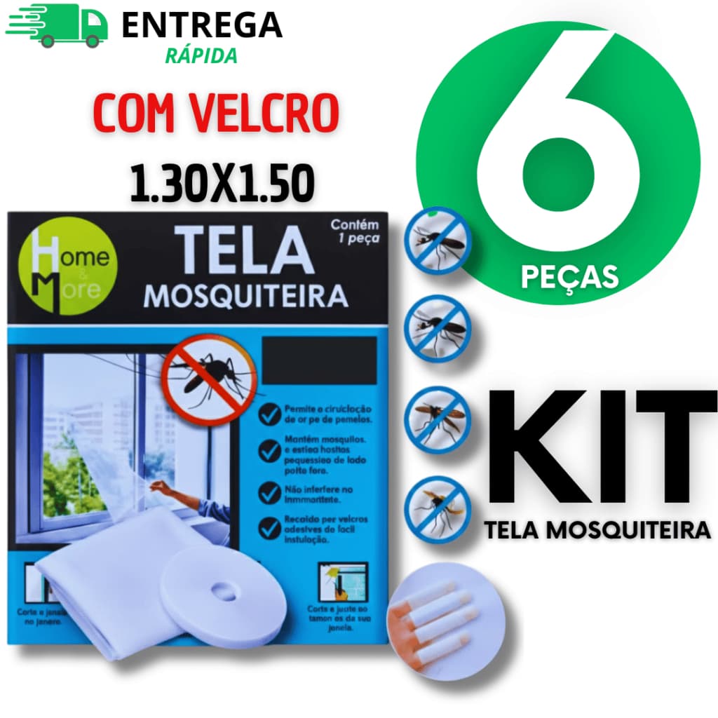 06 Uni - Tela Mosquiteiro Para Janela eficaz Contra Insetos 130x150 Com Velcro Adesivo Mosquitos