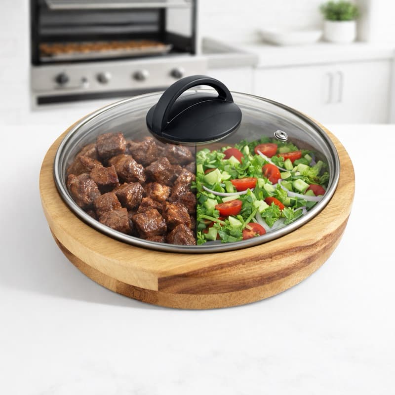 Gamela Madeira Teca Tampa de Vidro Porta Carne Churrascos Premium Servir Petisqueira Mesa Posta