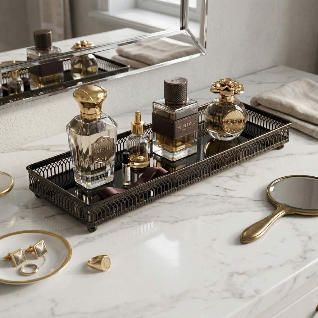Bandeja Espelhada Decorativa Preta Grande Luxo Italiana Para Aparador Bar Bebidas Perfumes Banheiro Lavabo Sala 34x12cm