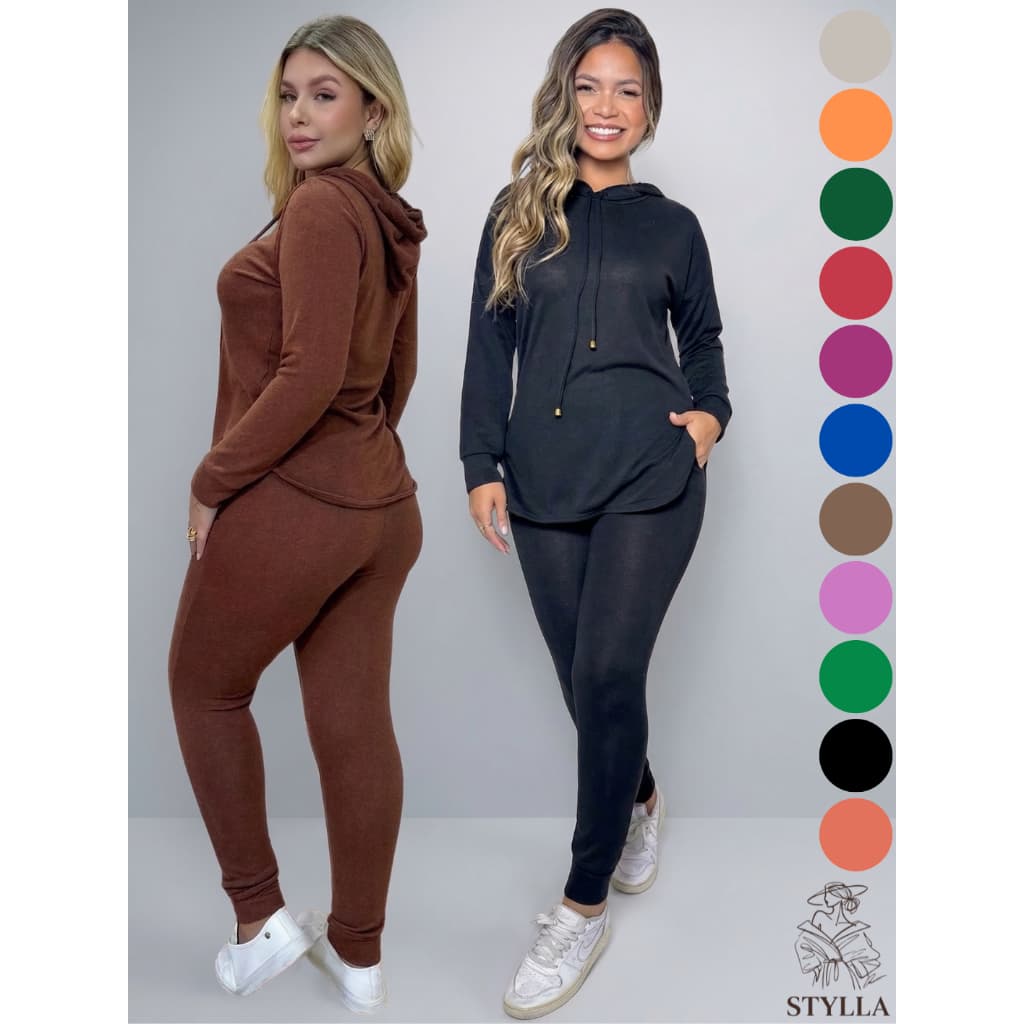 Conjunto Feminino de Frio Lanzinha 2 Peças Calça Jogger Blusa com Capuz Outono Inverno 2025 Moda Feminina Plus M ao G2