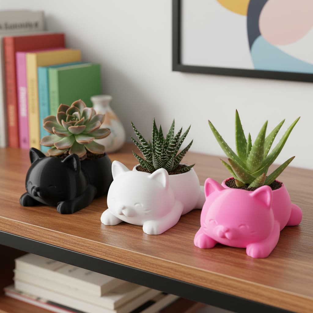 Mini Vaso Fofo Gatinho para Suculentas e Cactos Decoração Plástico Ecológico Branco Preto Rosa