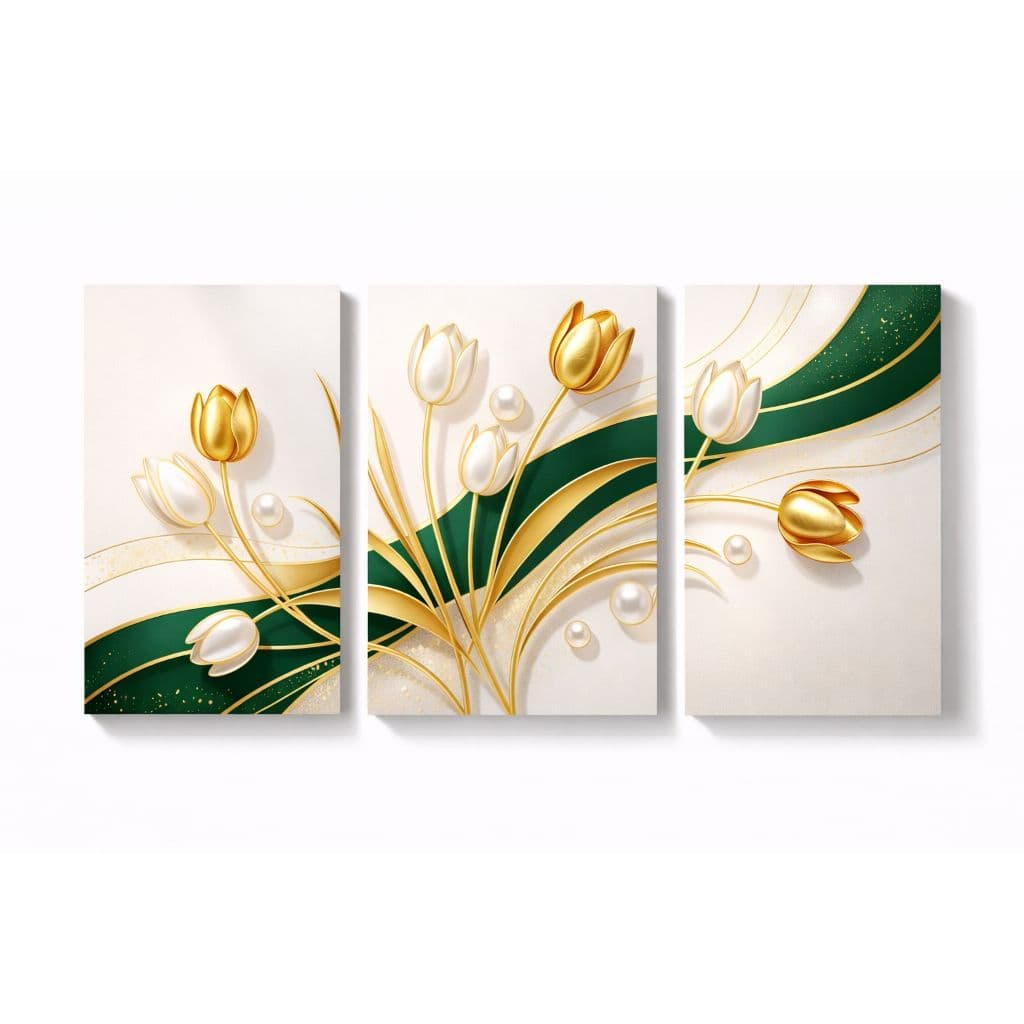 Quadro Decorativo 3 Peças Flores Douradas Verde Luxo Sala Moderna Abstrato Elegante