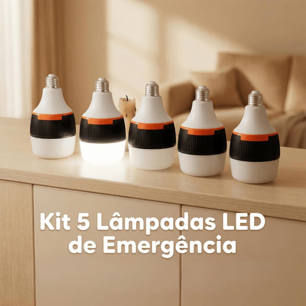 Kit 5 Lâmpada LED Recarregável 50W E27 3 Modos Até 6h de Emergência Camping Casa
