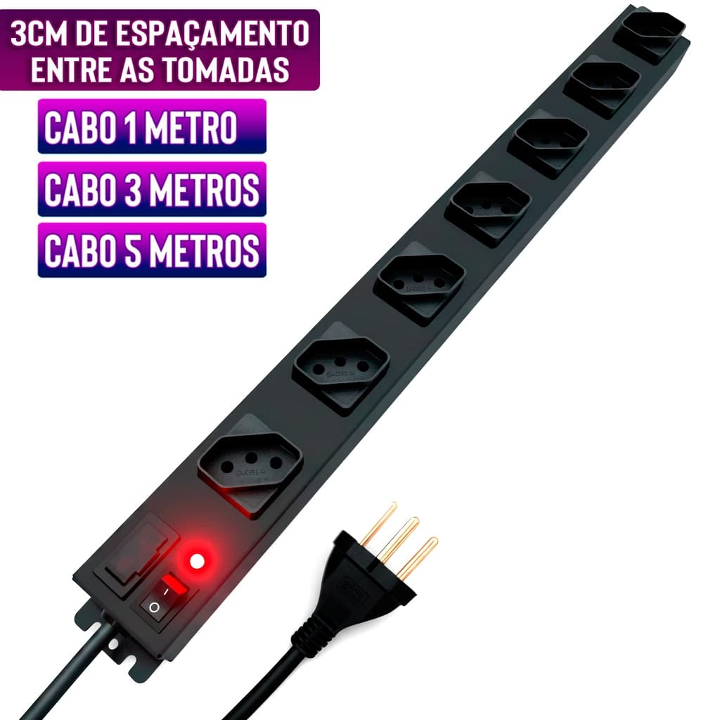 Filtro de Linha 7 Tomadas 10A Profissional (Cabo 1m, 3m, 5m) Metal Espaçamento de 3cm