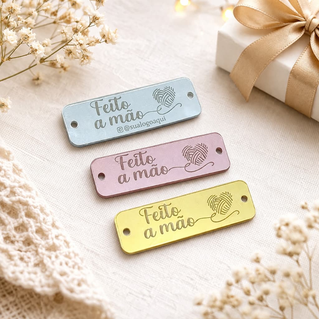 Tag Retangular Personalizada 4x1,5cm em Acrílico Espelhada com Logo Furo/Sem Furo