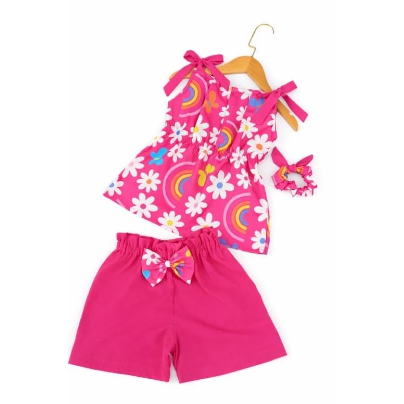 🌸 Conjunto Infantil Feminino Rosa Pink Floral com Short e xuxinha/envio imediato