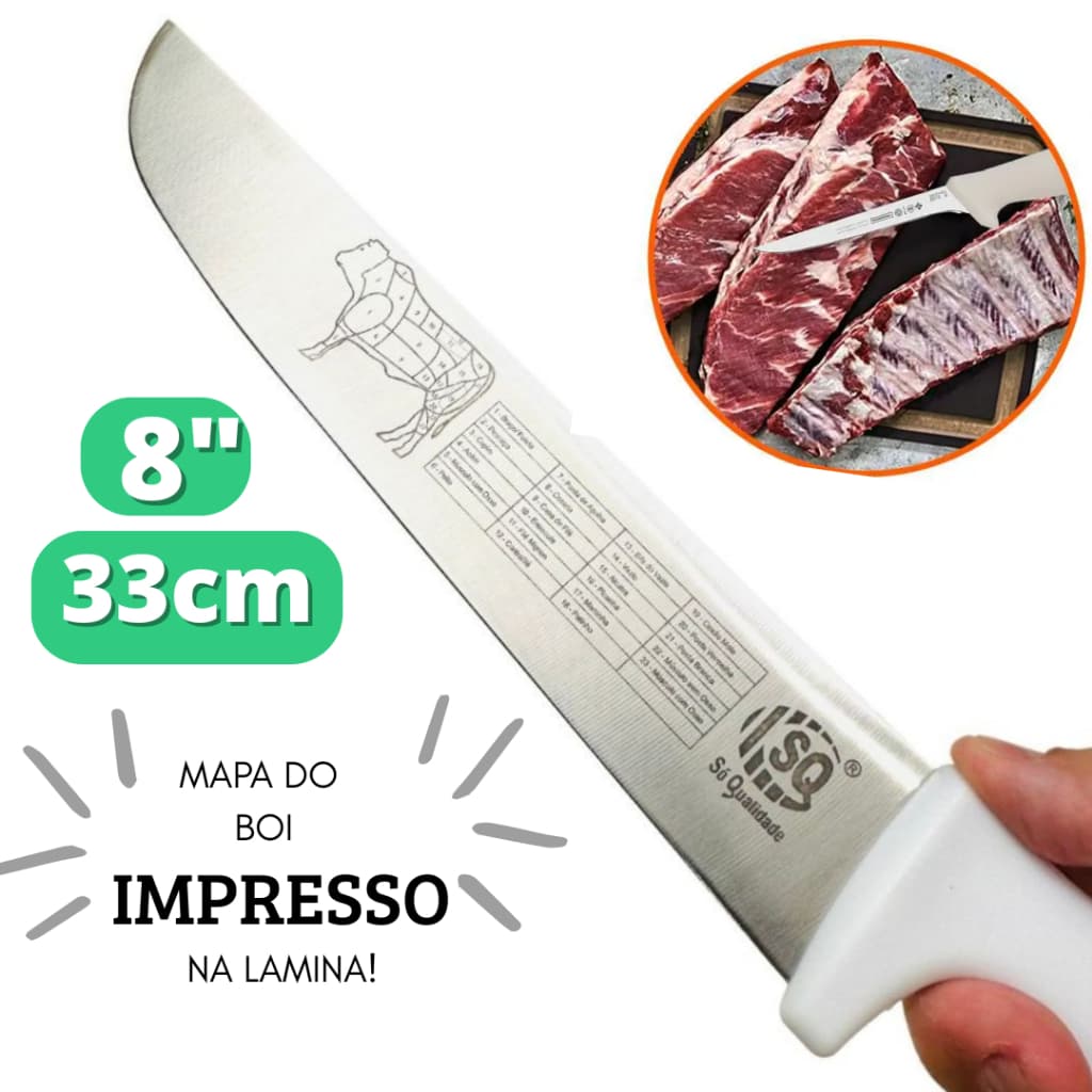Faca Chef Aço Inox 8" Profissional para Açougue, Churrasco e Cozinha Cabo Branco Faca Churrasco