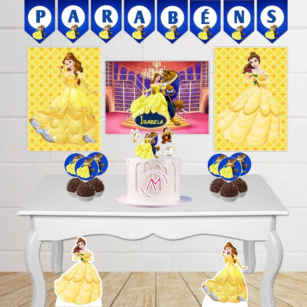 Kit Festa Infantil A Bela e a Fera Fácil Decoração Com Painel Display Toppers Topo de Bolo Só um bol