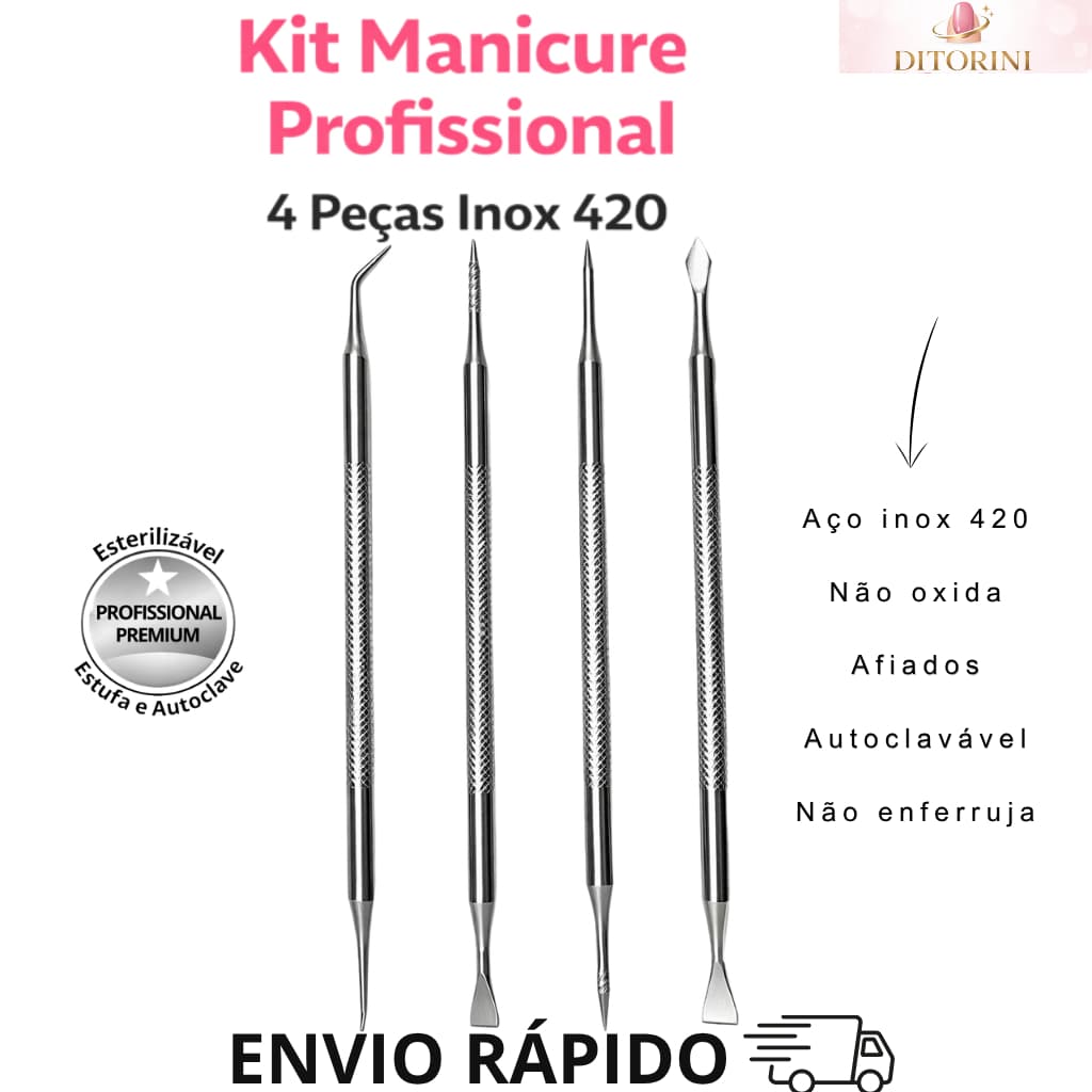 Kit Manicure Profissional 4 Peças Espátula Inox 420 Não Enferruja Alta Precisão Esterilizável