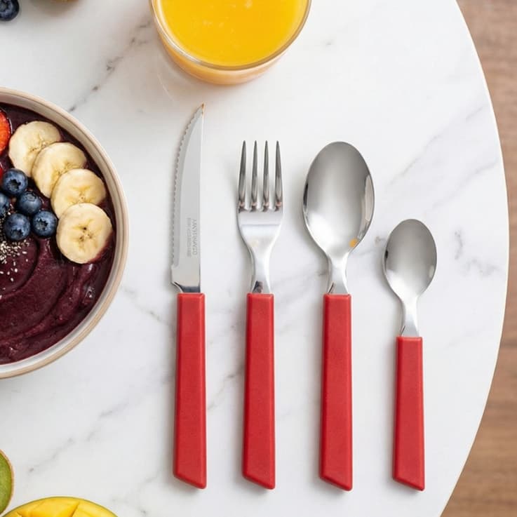 Jogo de Talheres 24 Peças Inox Faqueiro Preto Vermelho Kit Cozinha